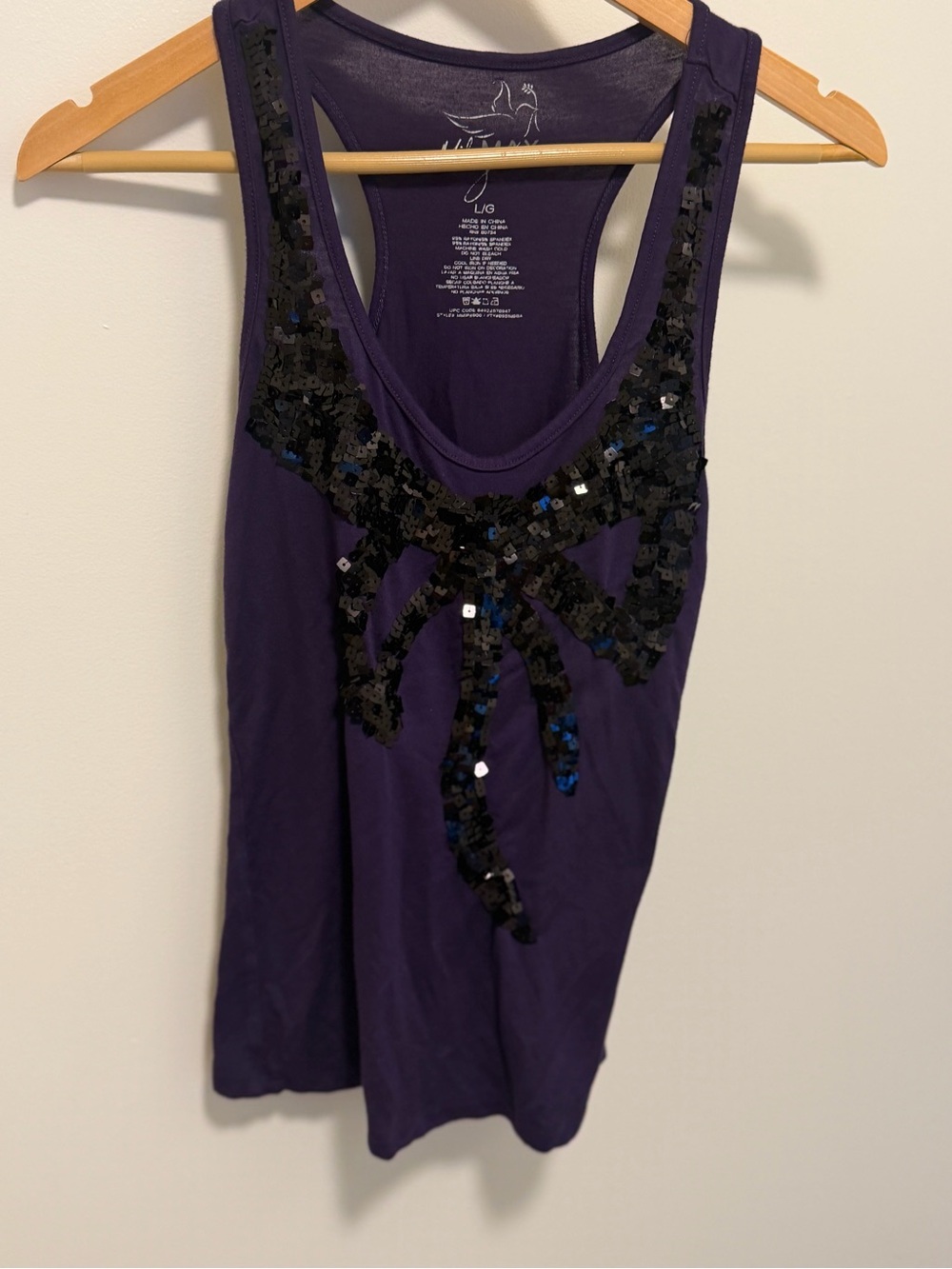 Miley Cyrus Max Azria purple tank top with black sequins bow size L vintage rare